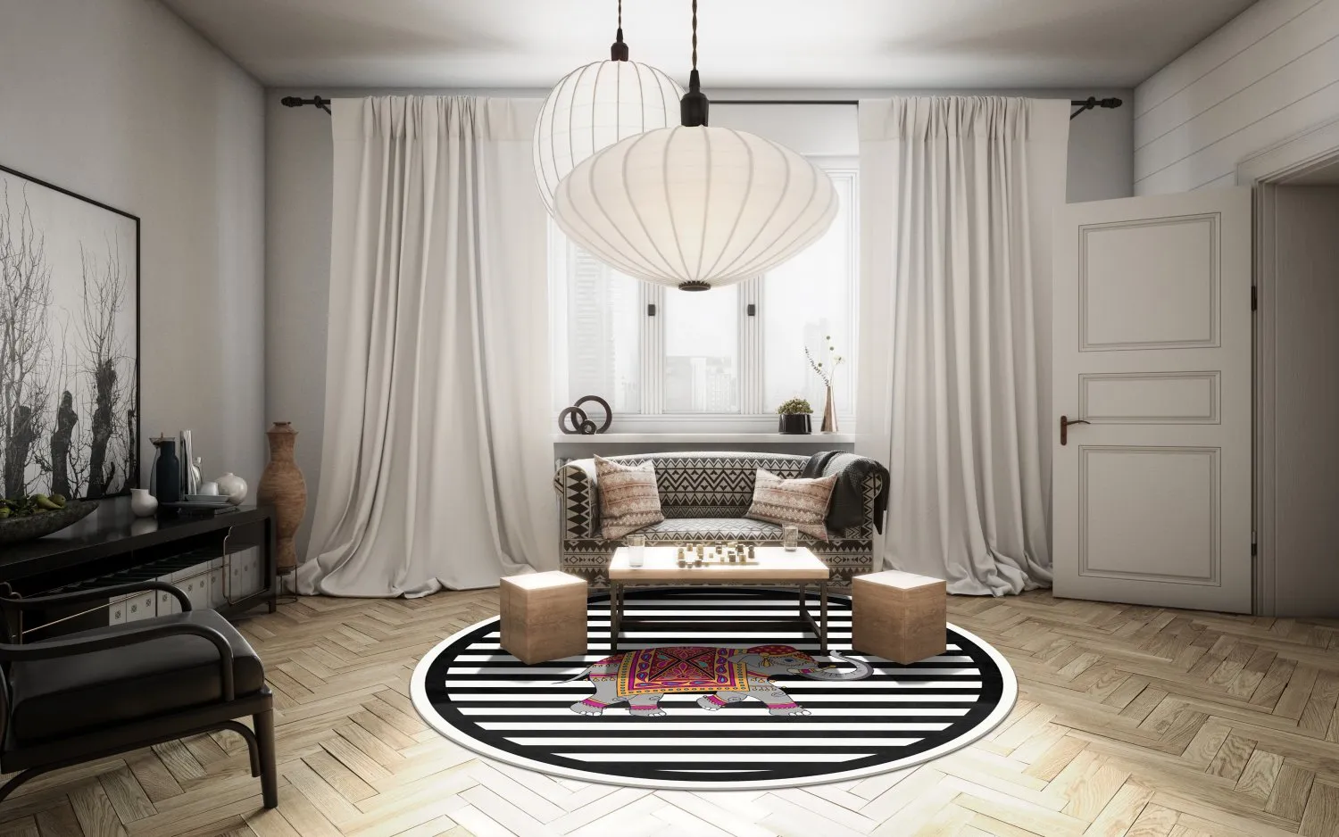 Rund Teppich - Develi (schwarz/weiß)