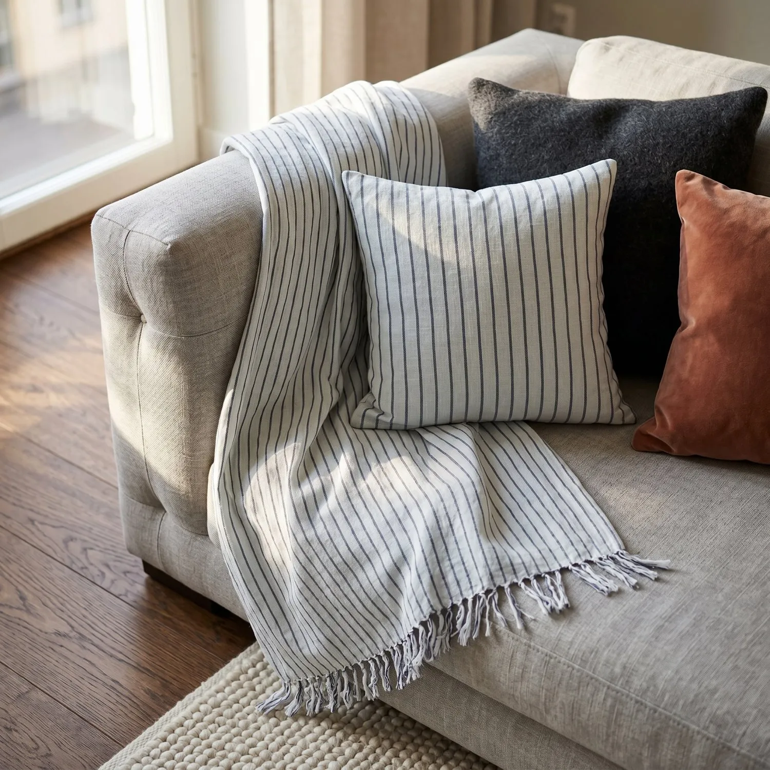 Couvertures - Rumi stripe cotton throw (bleu clair/marine/crème)