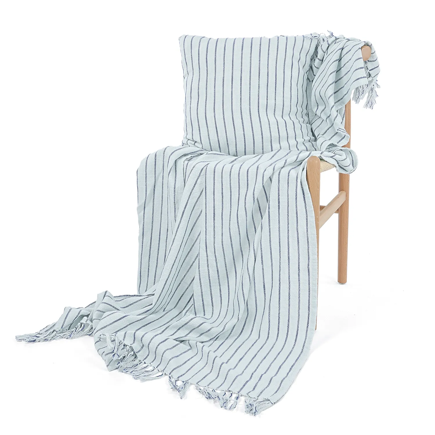 Couvertures - Rumi stripe cotton throw (bleu clair/marine/crème)