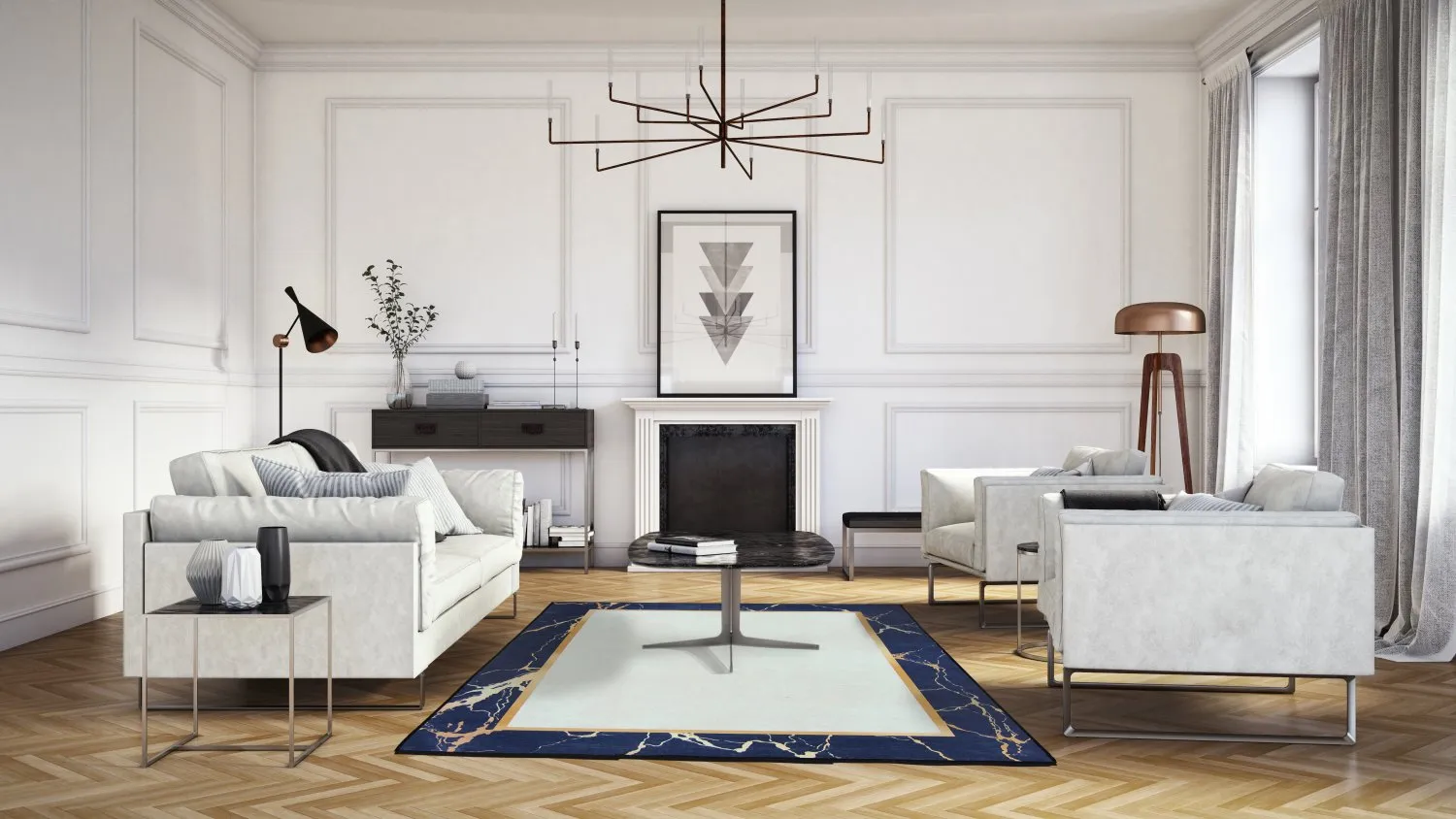 Wilton-Teppich - Cerasia (blau/weiß/gold)