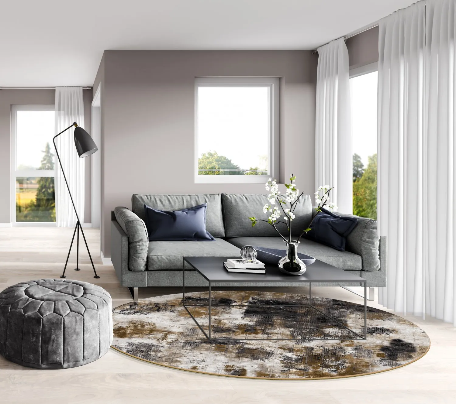 Rund Teppich - Flores (schwarz/braun/weiß)