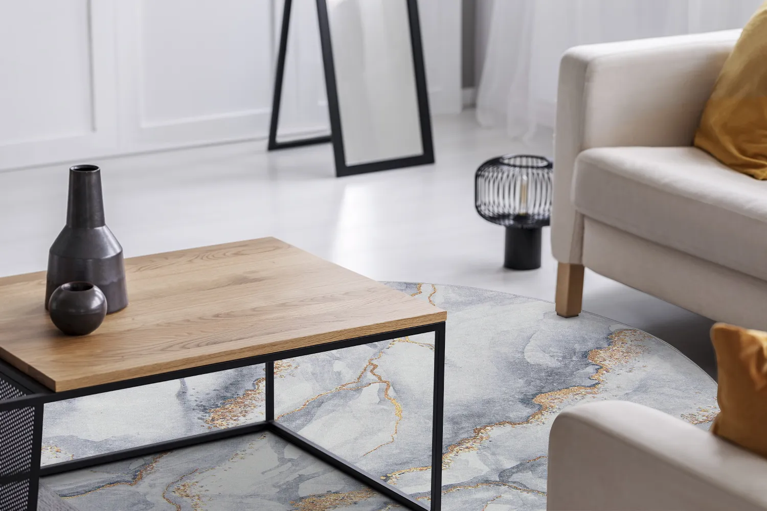 Tapis rond - Genova (gris/blanc/doré)