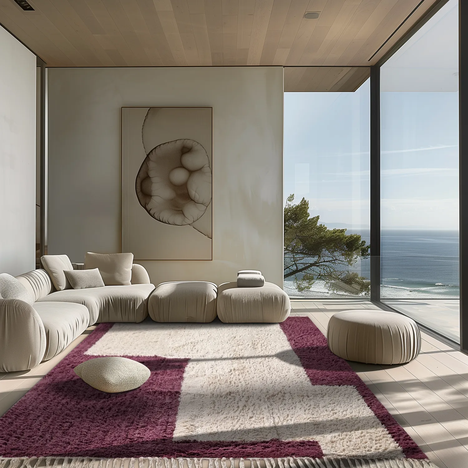 Hochflorteppiche - Ricco Natural Cotton Shaggy (offwhite/Burgund)