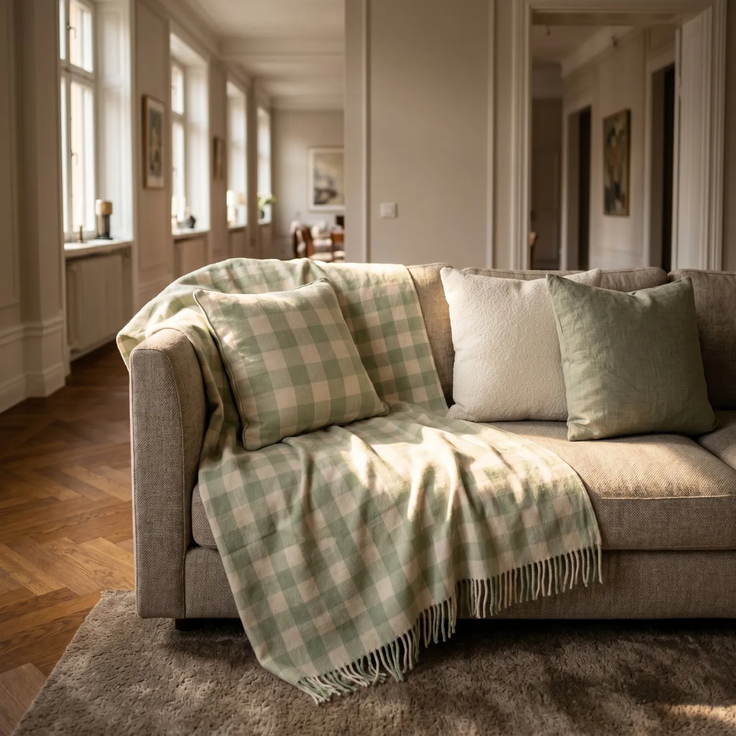 Decken - Isela check cotton throw (cremefarben/hellgrün)