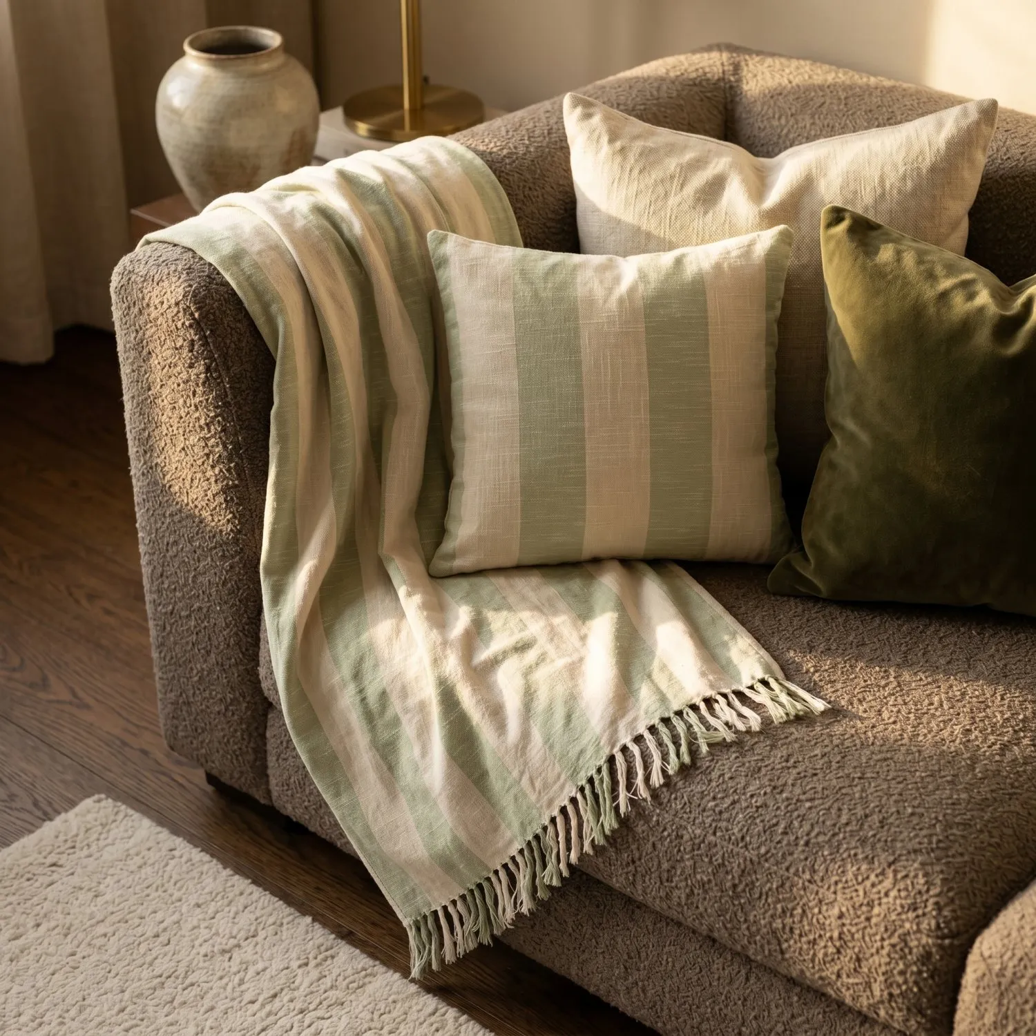 Taie d'oreiller - Kora stripe cotton cushion cover (crème/vert clair)