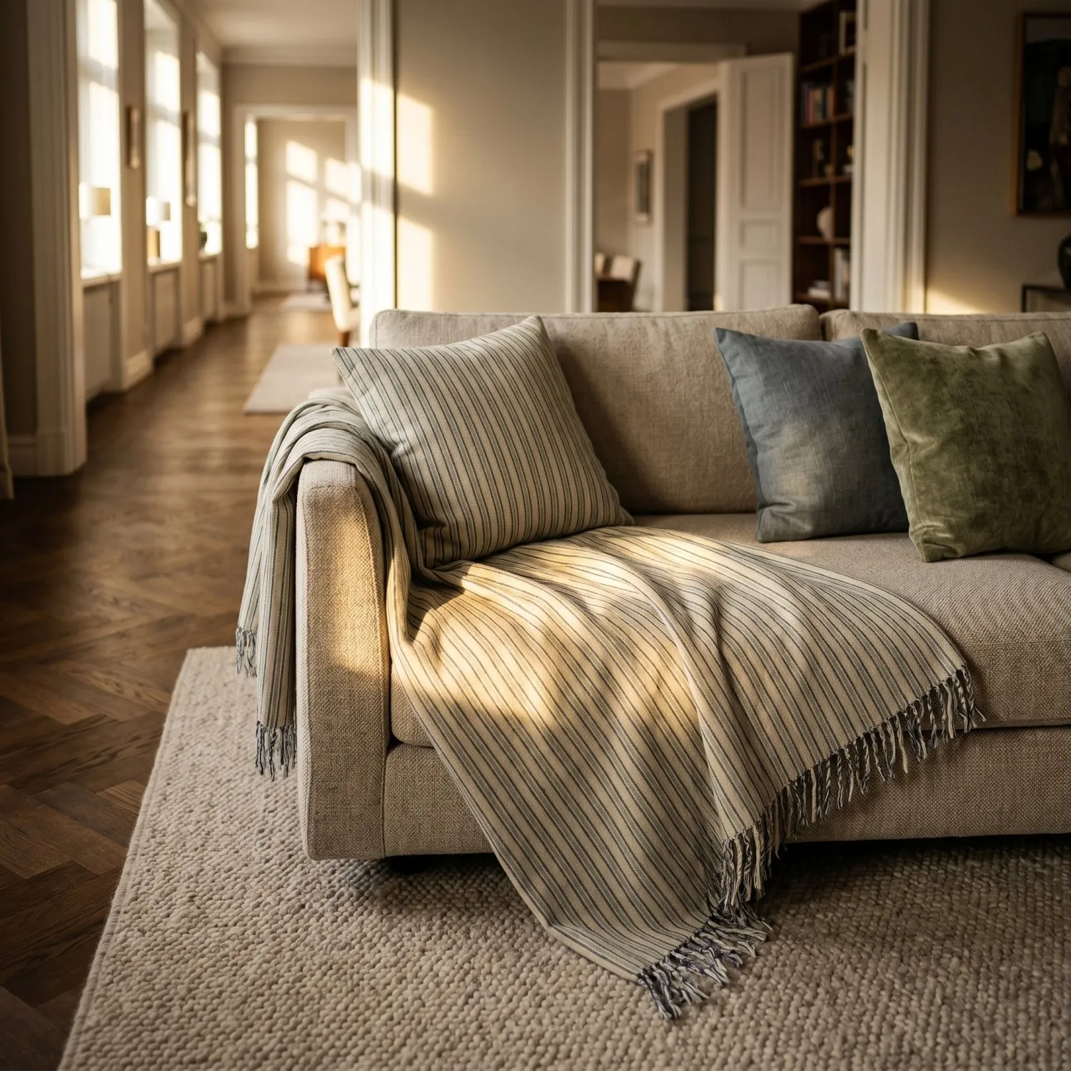 Decken - Rumi stripe cotton throw (creme/marineblau/hellgrün)