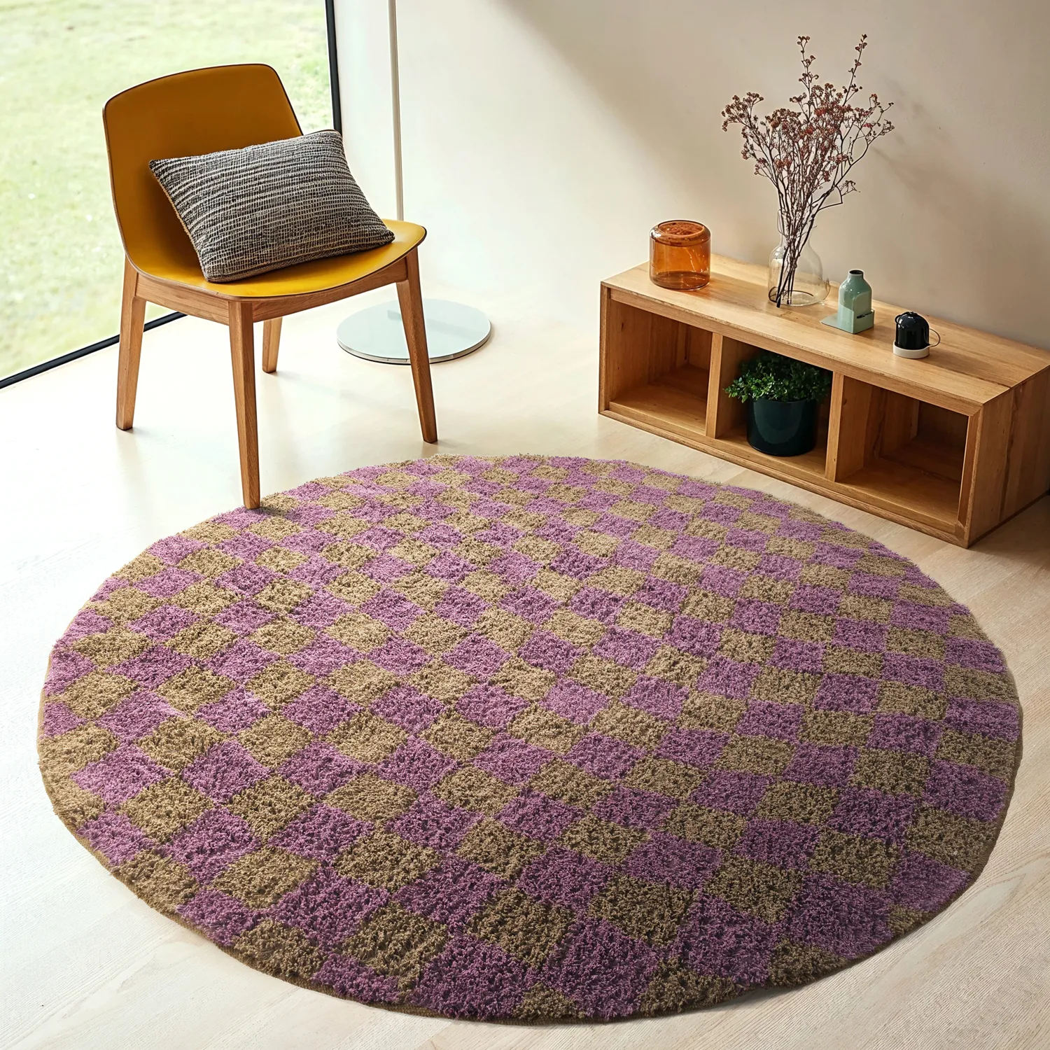 Runde Teppiche - Elsey Natural Cotton Shaggy (braun/lila)