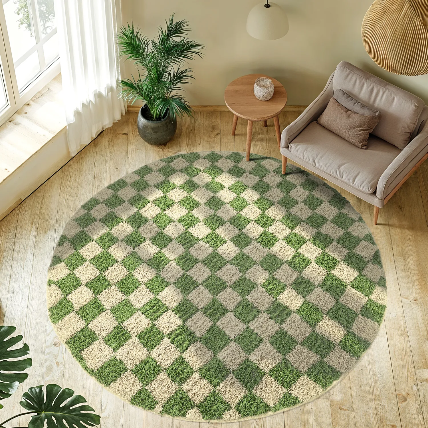 Runde Teppiche - Elsey Natural Cotton Shaggy (grün/beige)