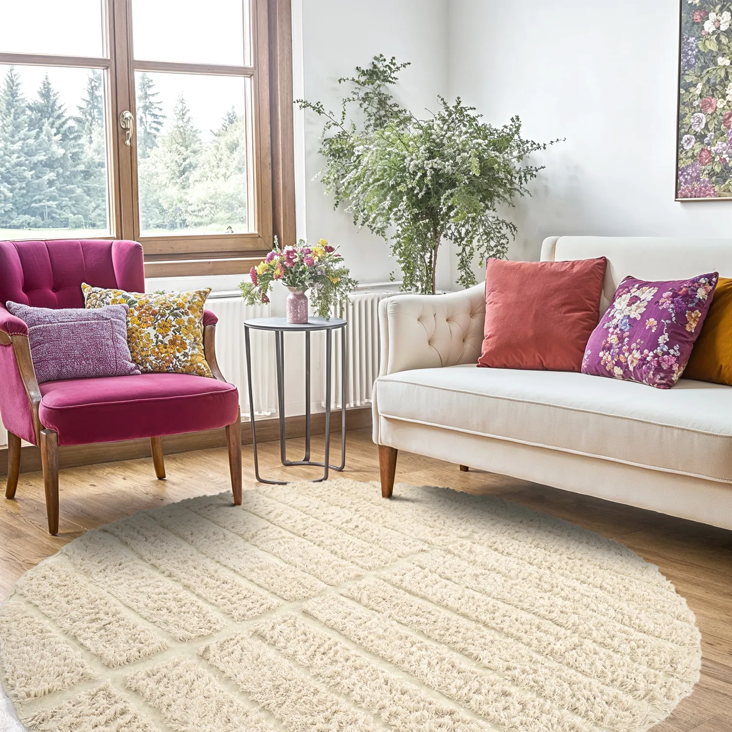 Rund Teppich - Ikara Natural Cotton Shaggy (creme)