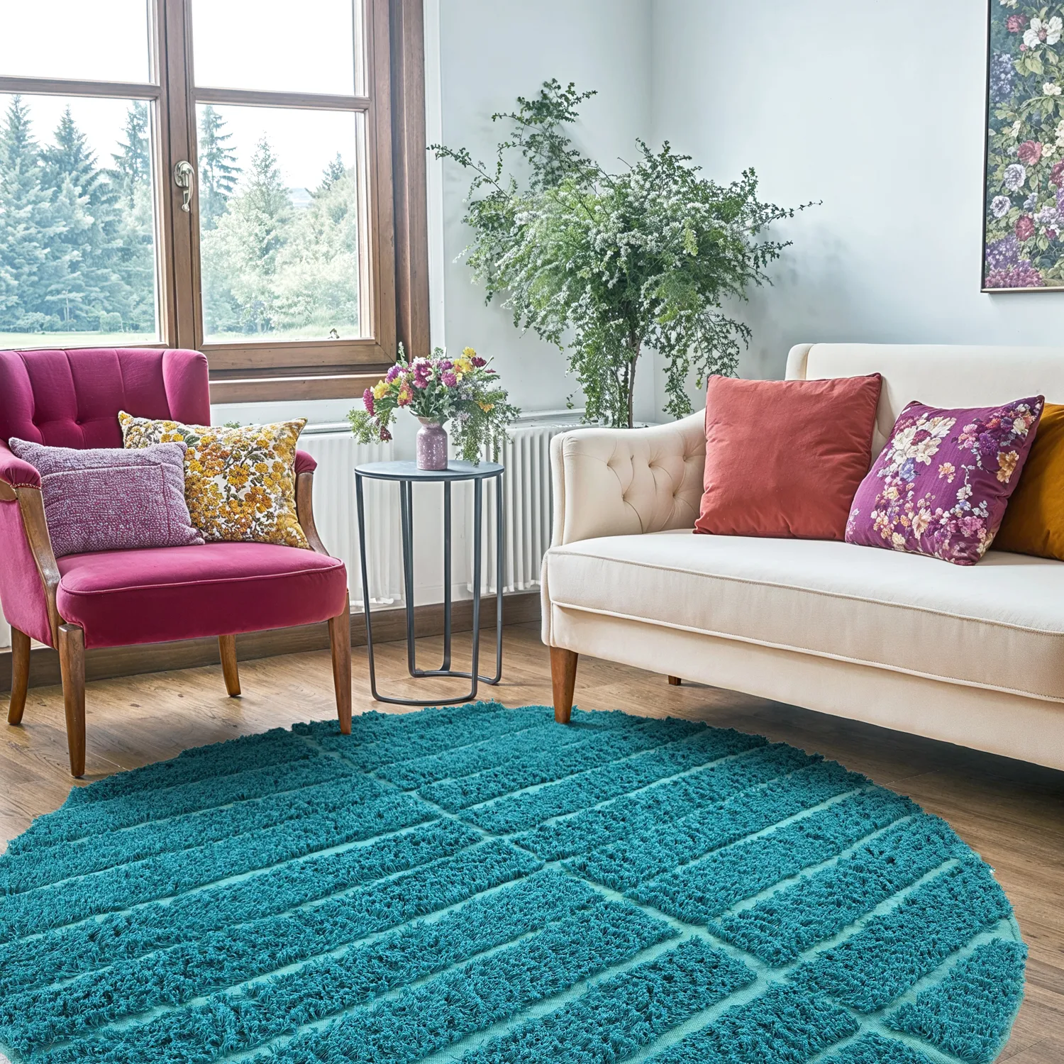 Rund Teppich - Ikara Natural Cotton Shaggy (türkis)