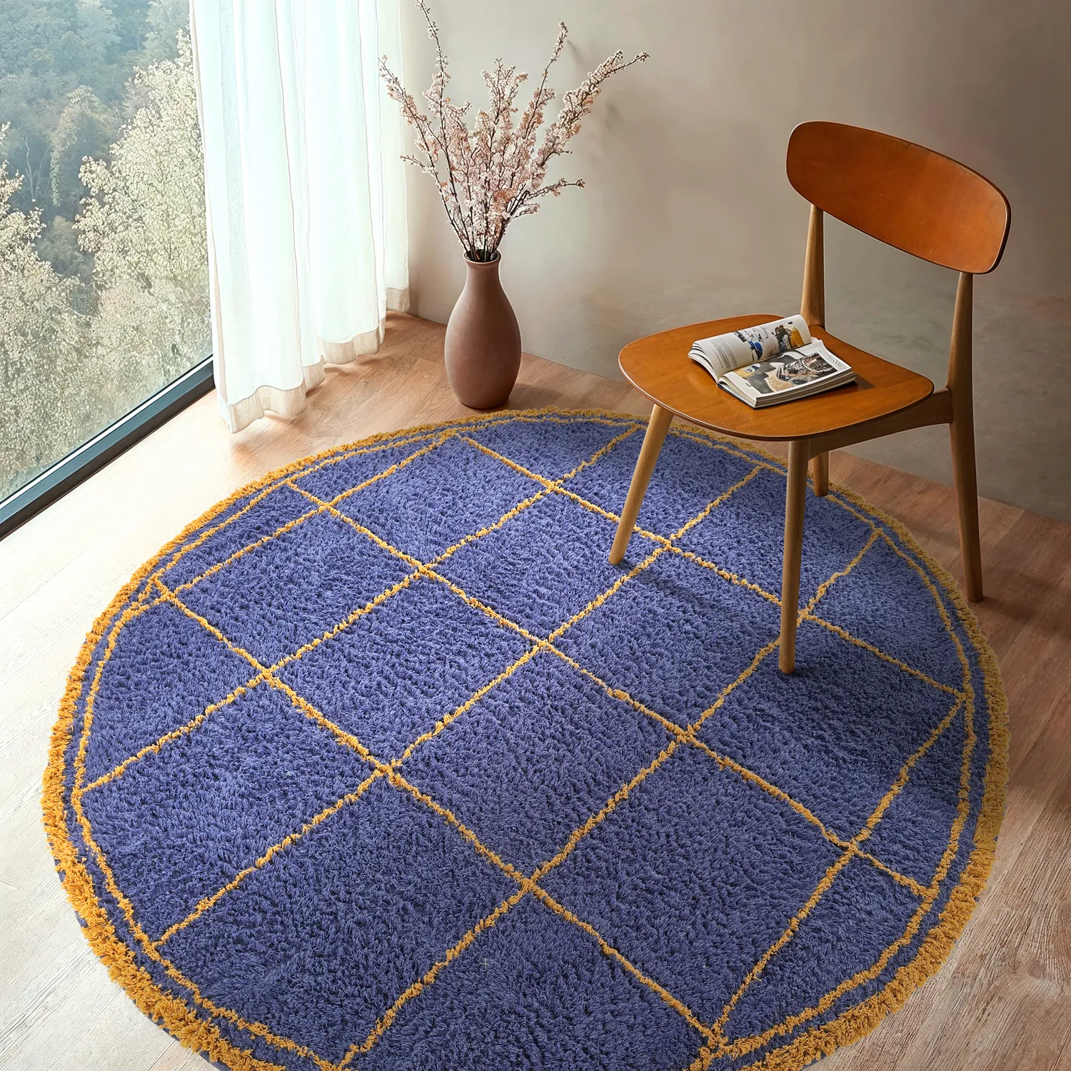 Rund Teppich - Lana Natural Cotton Shaggy (blau/gelb)