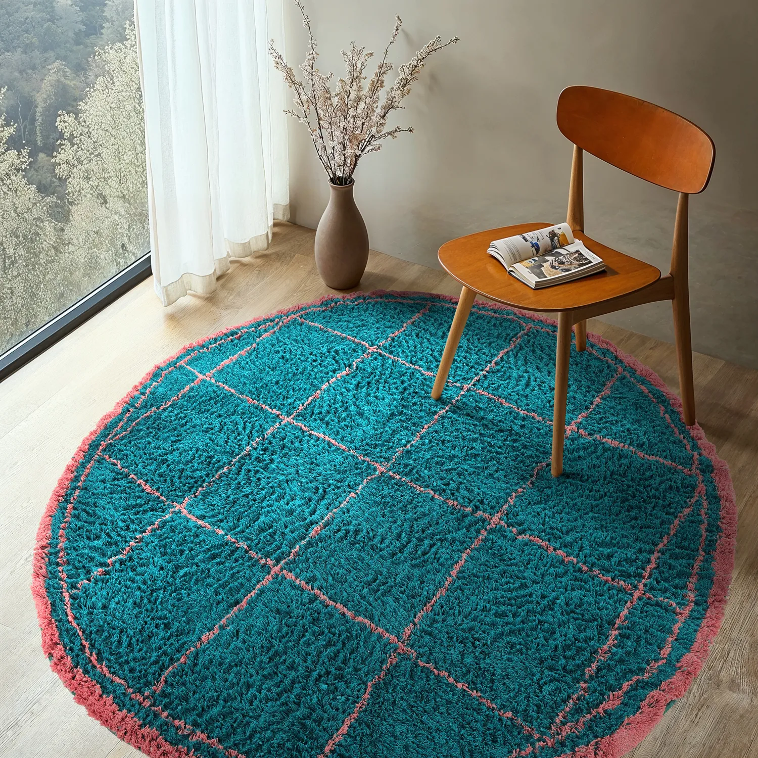 Rund Teppich - Lana Natural Cotton Shaggy (türkis/rosa)