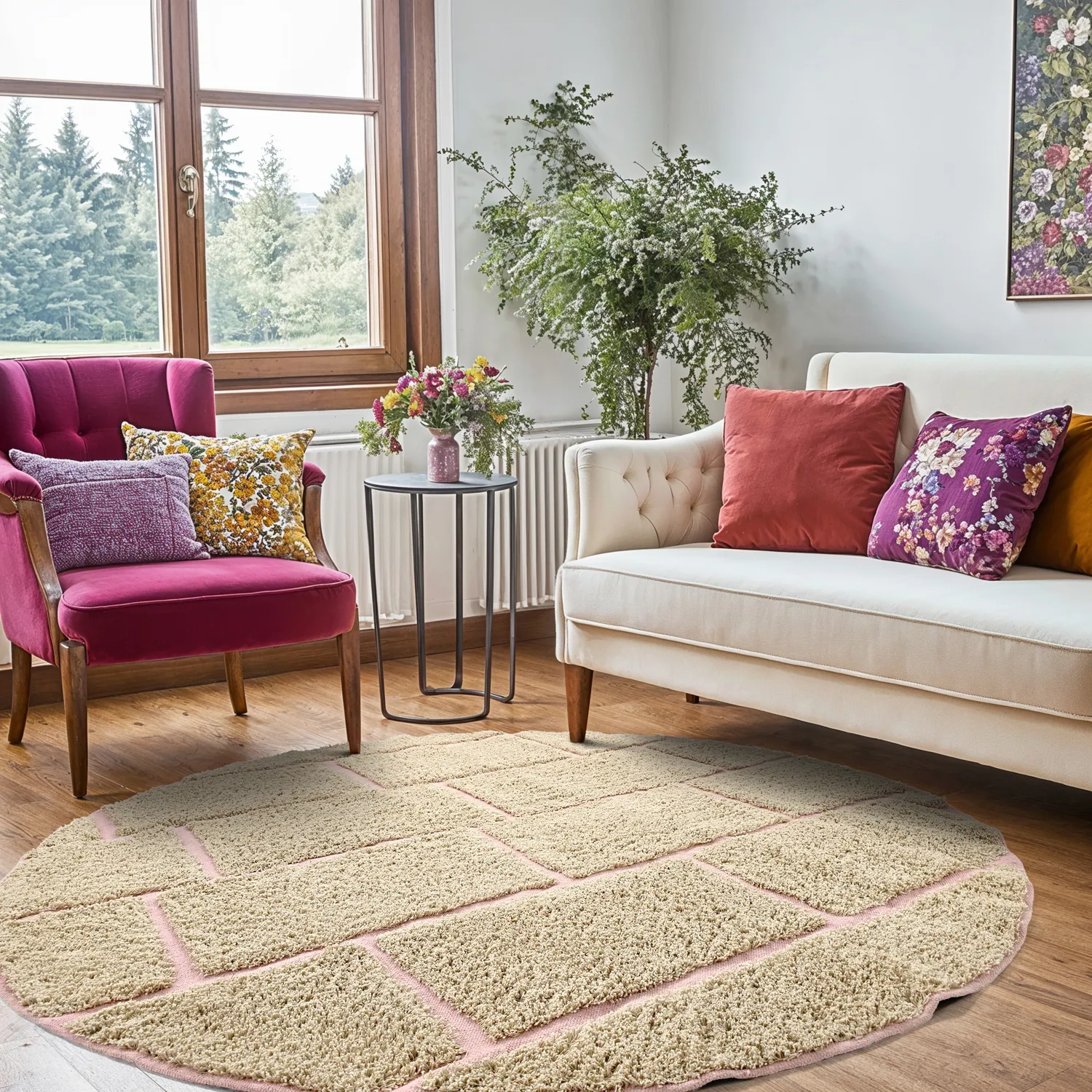 Runde Teppiche - Lindley Natural Cotton Shaggy (beige/rosa)