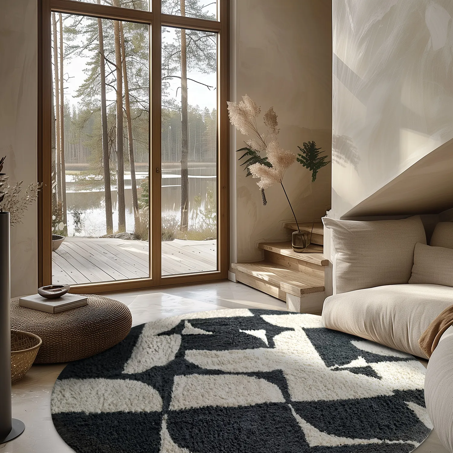 Tapis rond - Siberia Natural Cotton Shaggy (blanc cassé/noir)