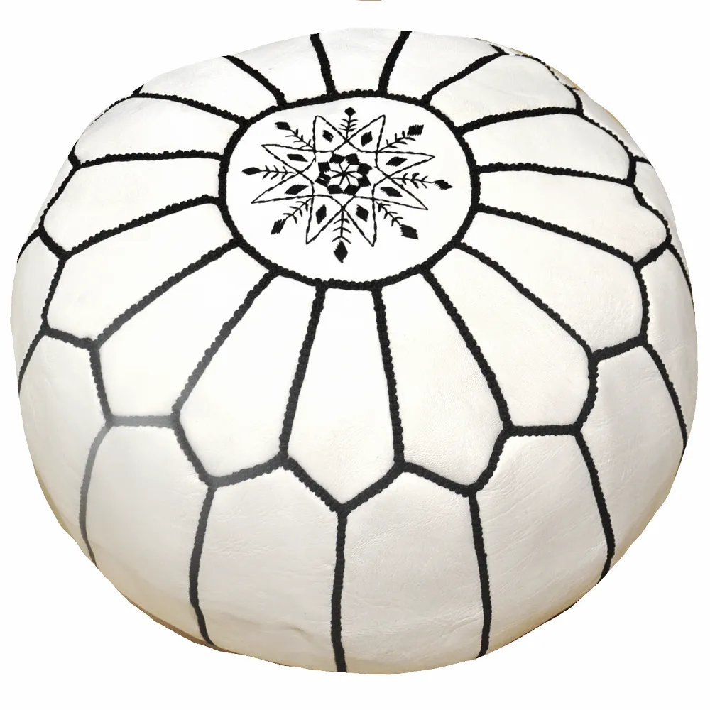 Pouf - Marocain en cuir (Blanc/Noir)