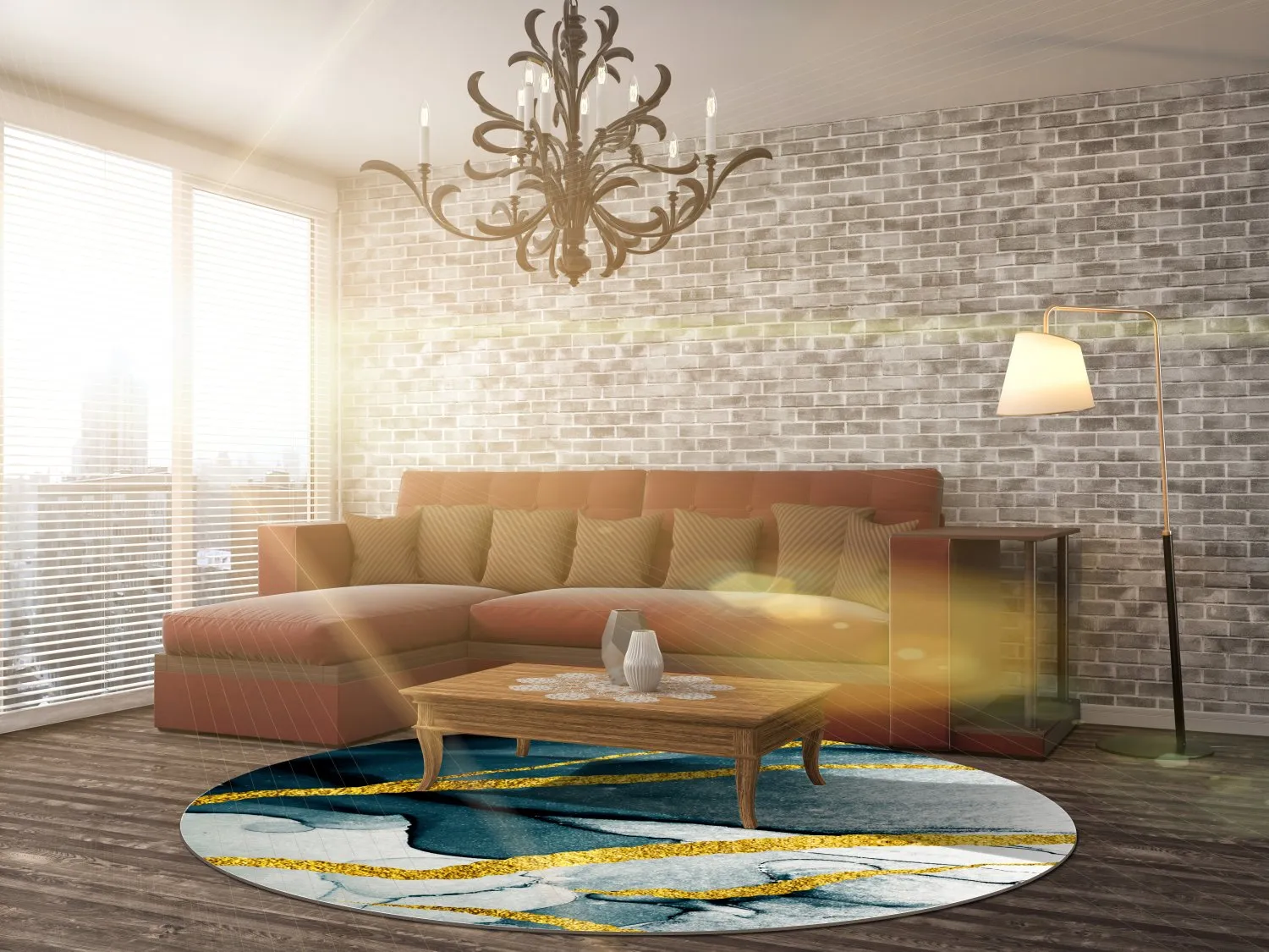 Rund Teppich - Alvaro (blau/weiß/gold)