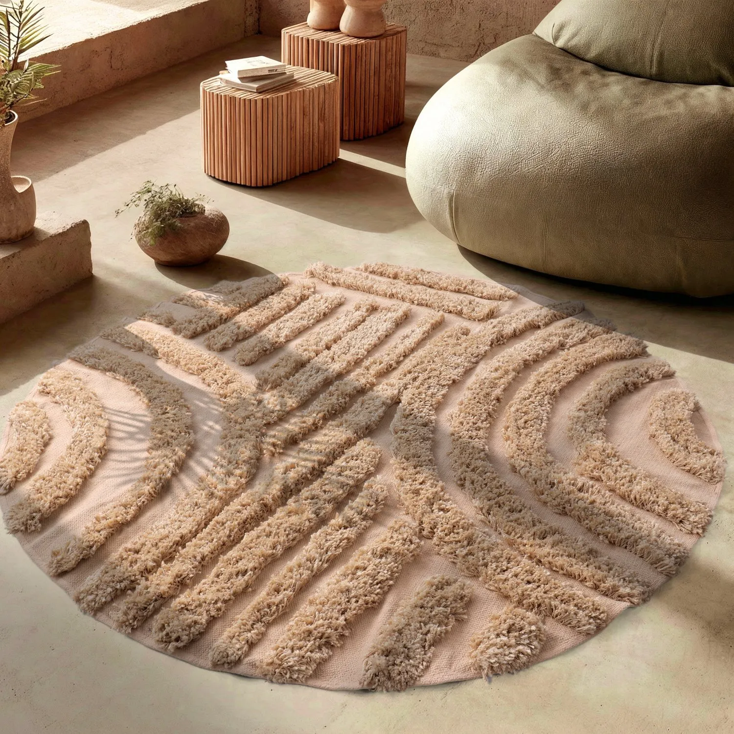 Rund Teppich - Cazorla Natural Cotton Shaggy (beige)