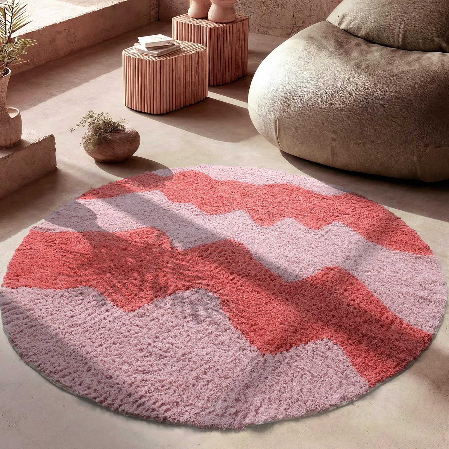 Rund Teppich - Amira Natural Cotton Shaggy (rosa/orange)