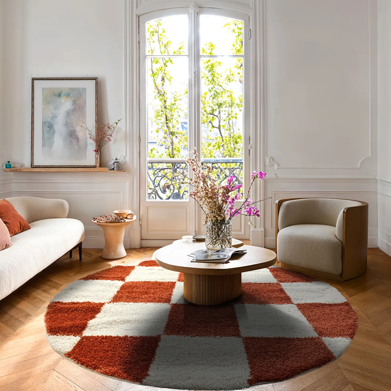 Runde Teppiche - Gordes (orange/weiß)