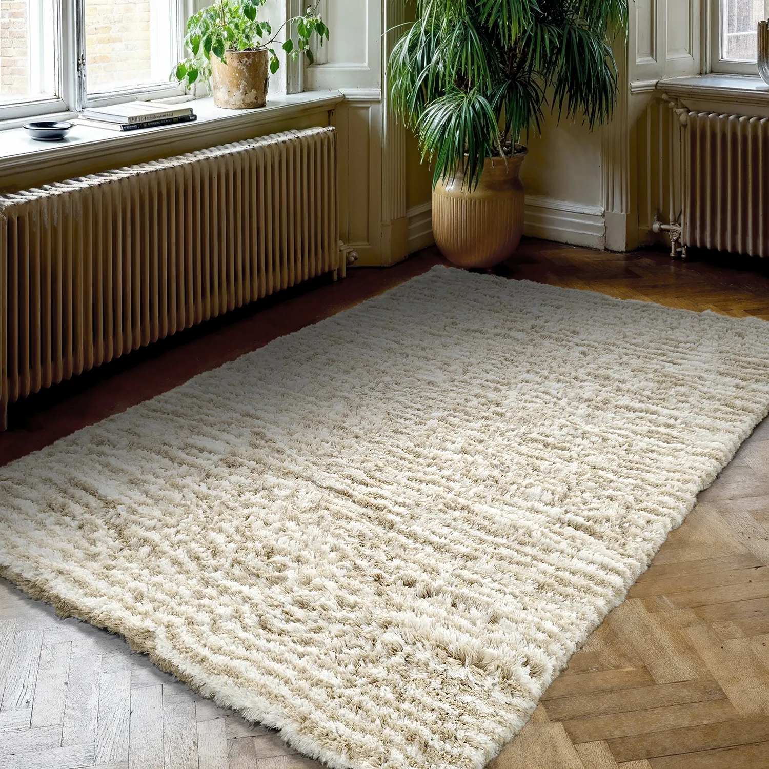 Tapis shaggy - Aden (beige/blanc)