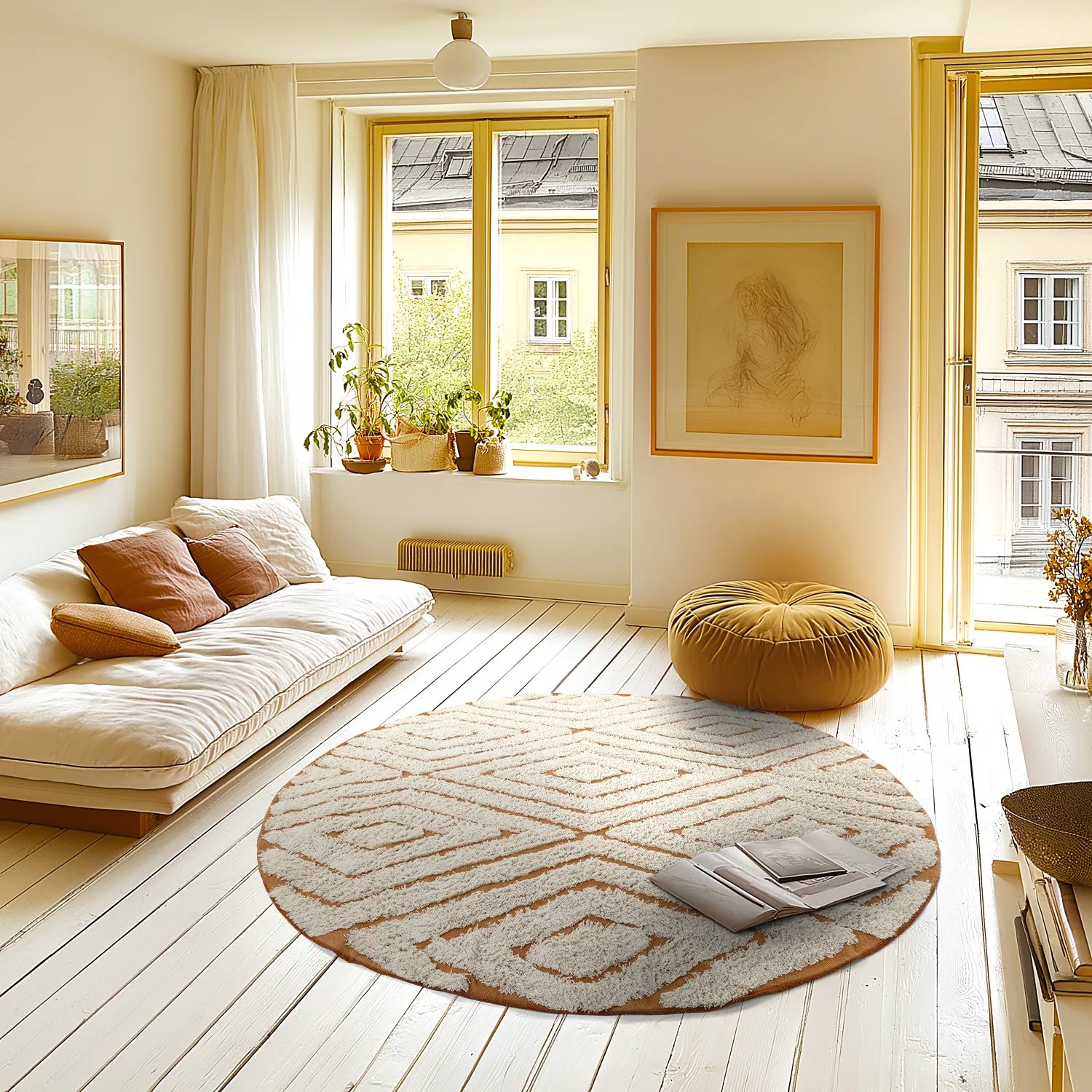 Tapis rond - Holwell Natural Cotton Shaggy (umazano bela/rjava)