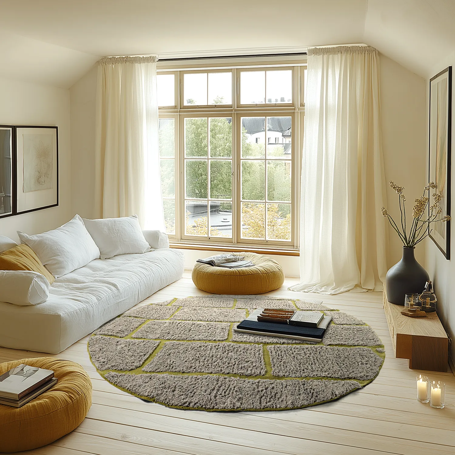 Runde Teppiche - Lindley Natural Cotton Shaggy (greige/grün)