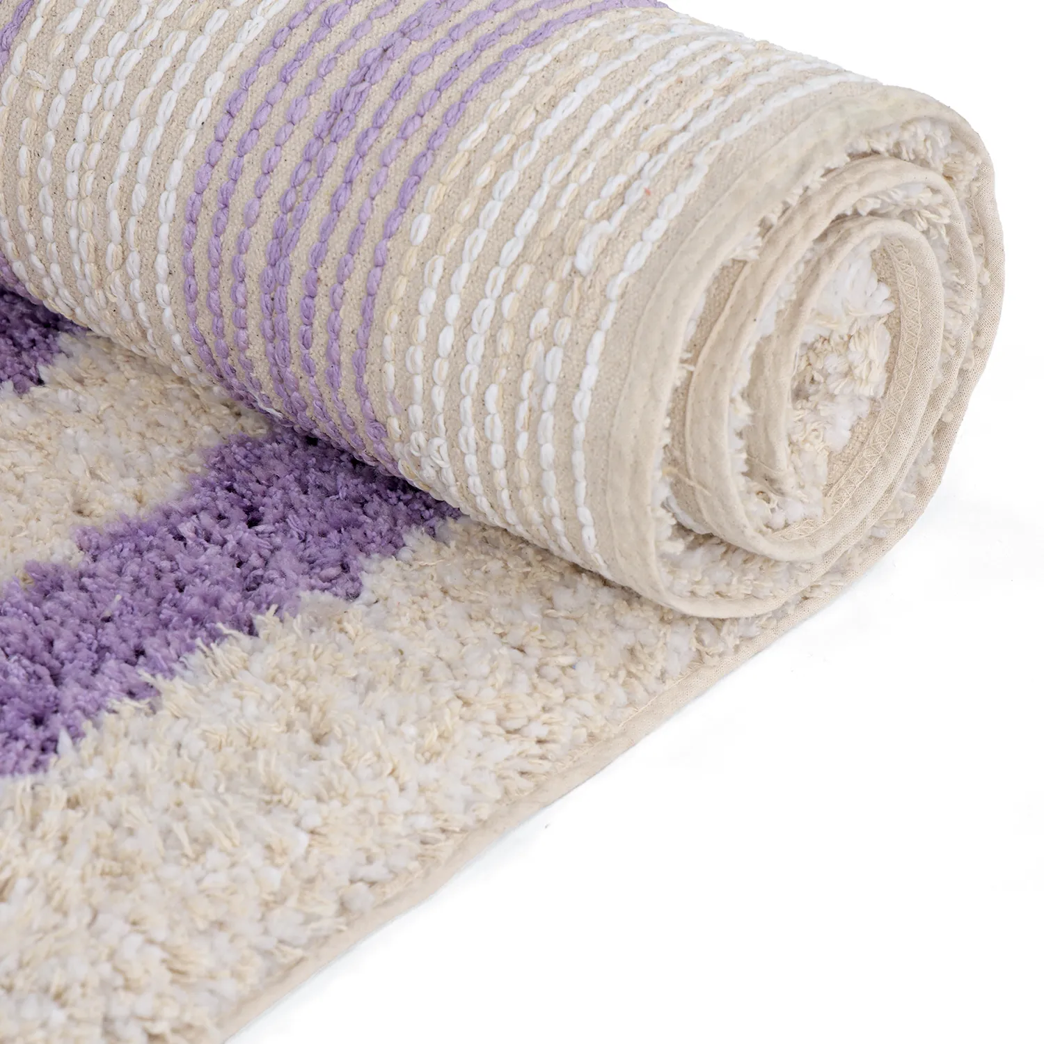 Hochflorteppiche - Thira Stripe Cotton Shaggy (creme/hellviolett)