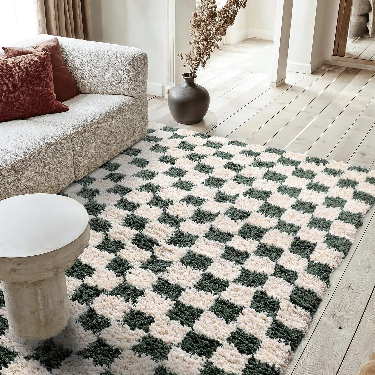 Tapis shaggy - Methoni Check Cotton Shaggy (crème/vert)