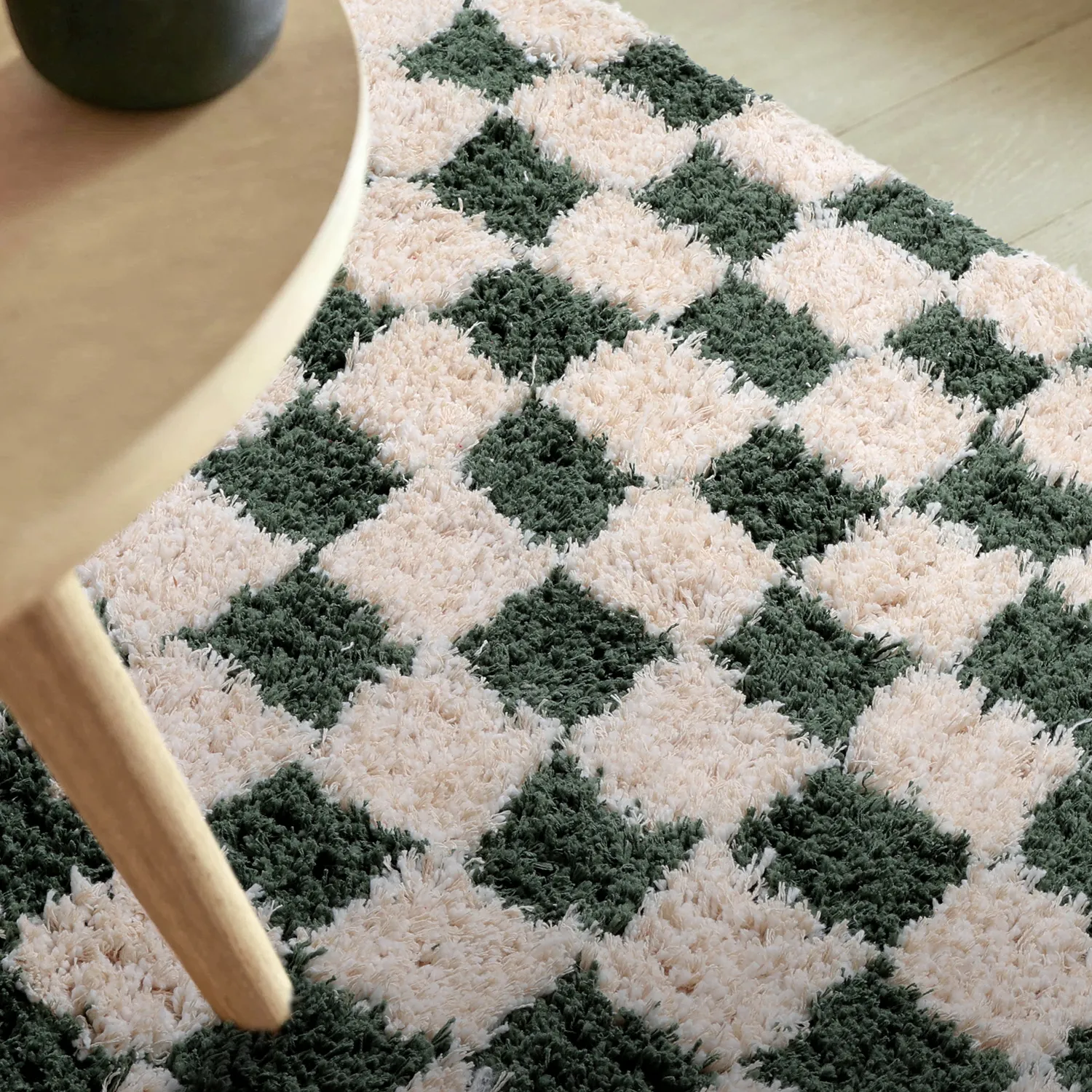 Tapis shaggy - Methoni Check Cotton Shaggy (crème/vert)