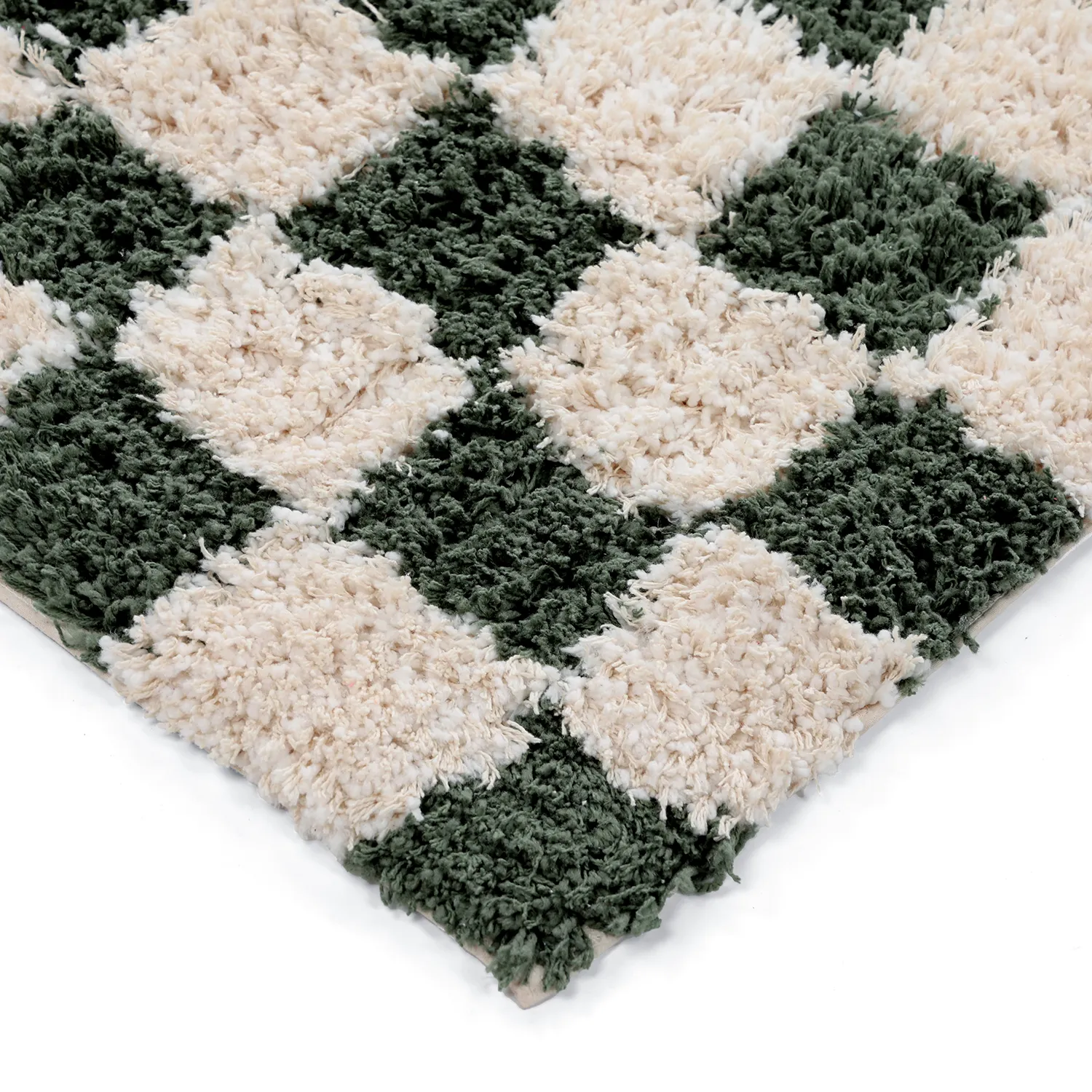 Tapis shaggy - Methoni Check Cotton Shaggy (crème/vert)