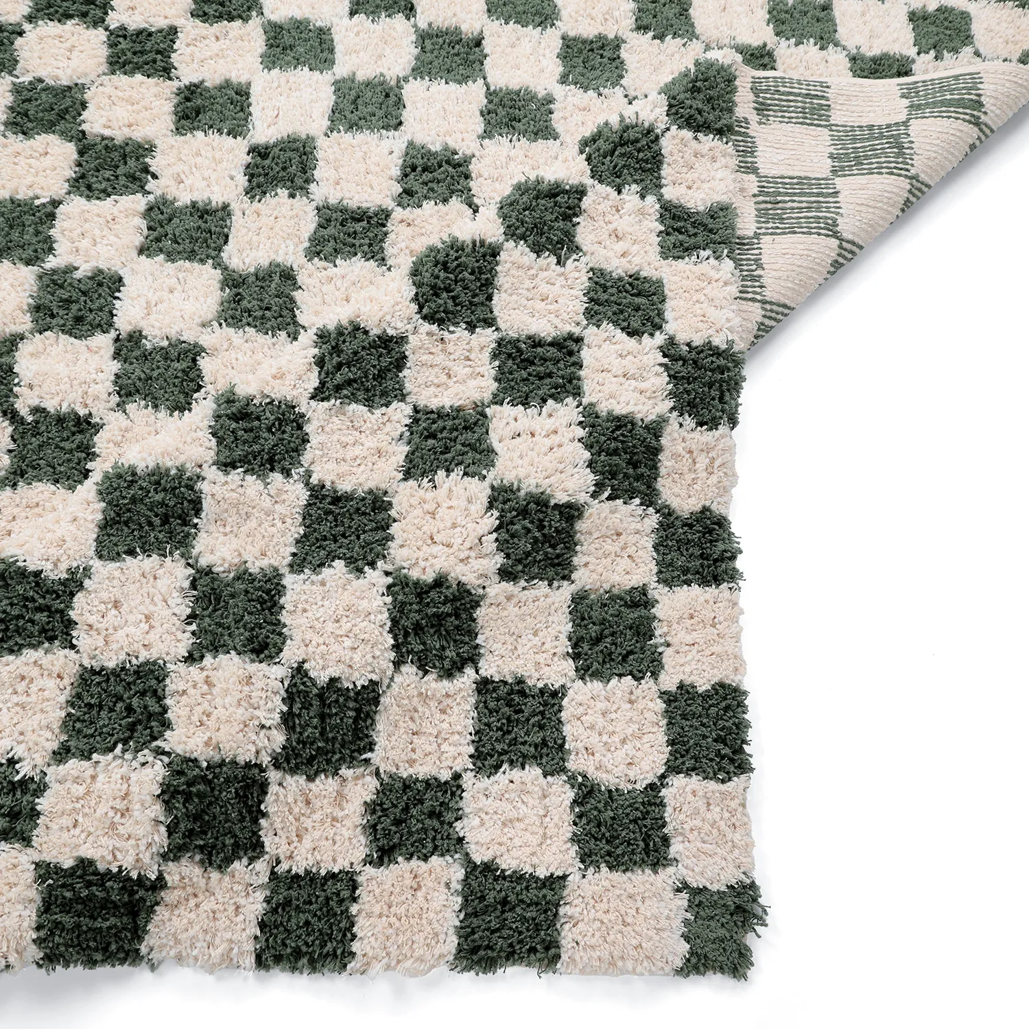 Tapis shaggy - Methoni Check Cotton Shaggy (crème/vert)