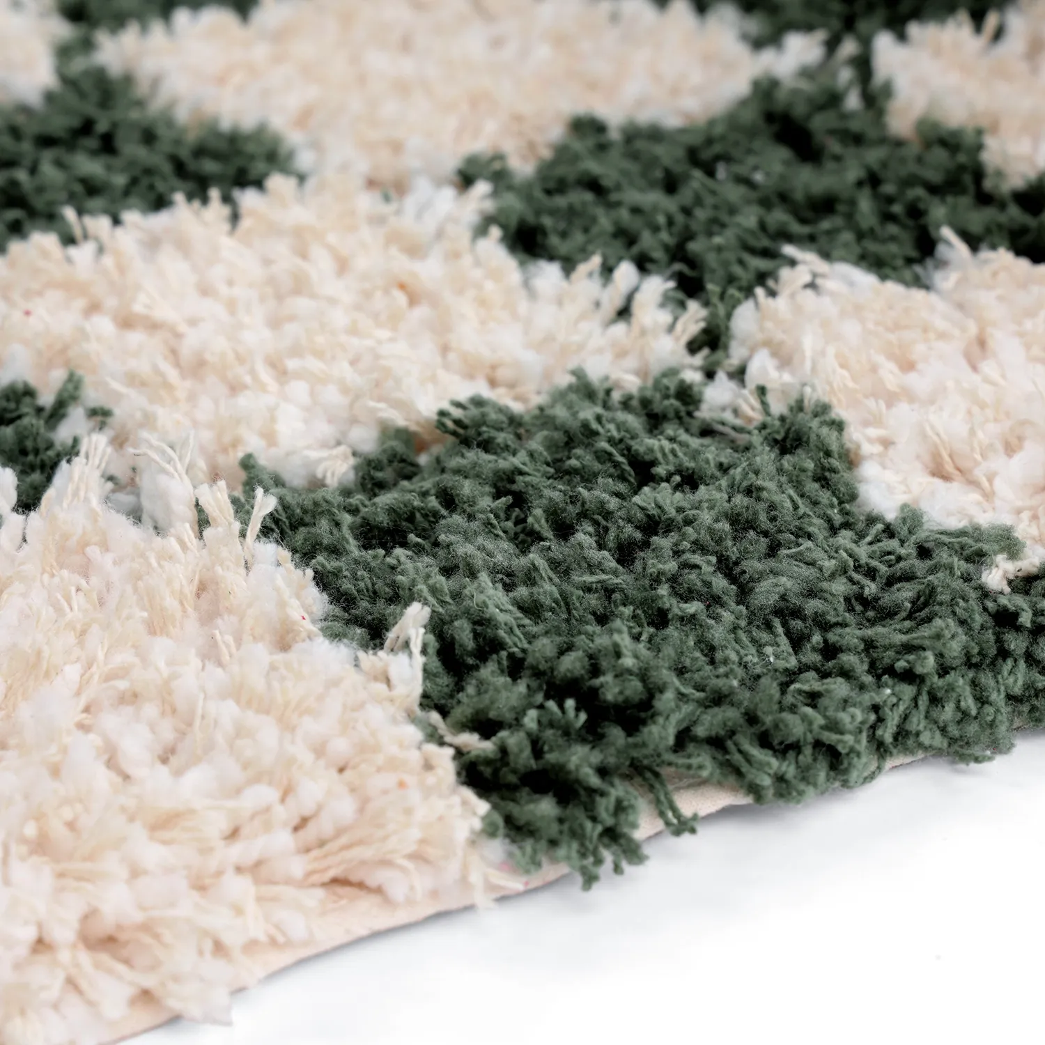 Tapis shaggy - Methoni Check Cotton Shaggy (crème/vert)