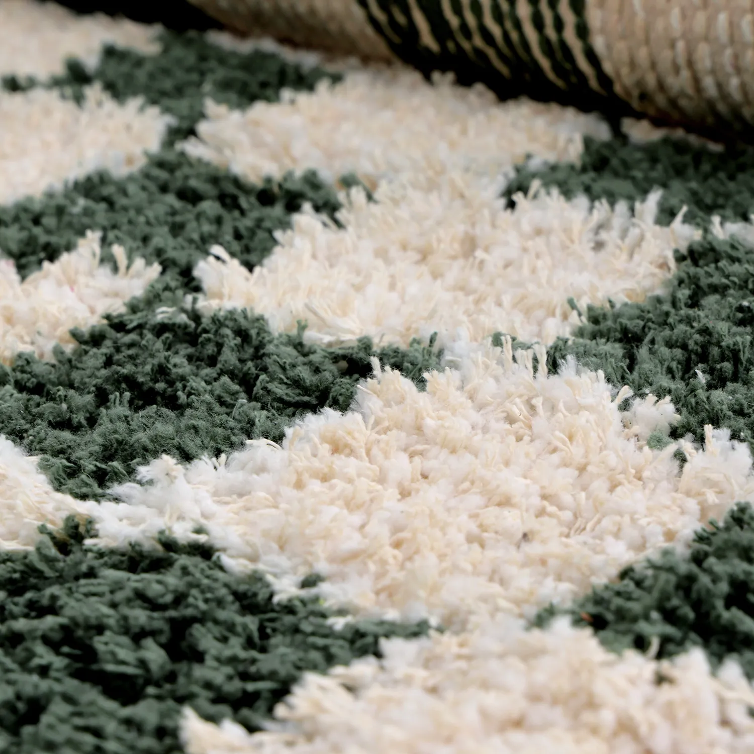 Tapis shaggy - Methoni Check Cotton Shaggy (crème/vert)