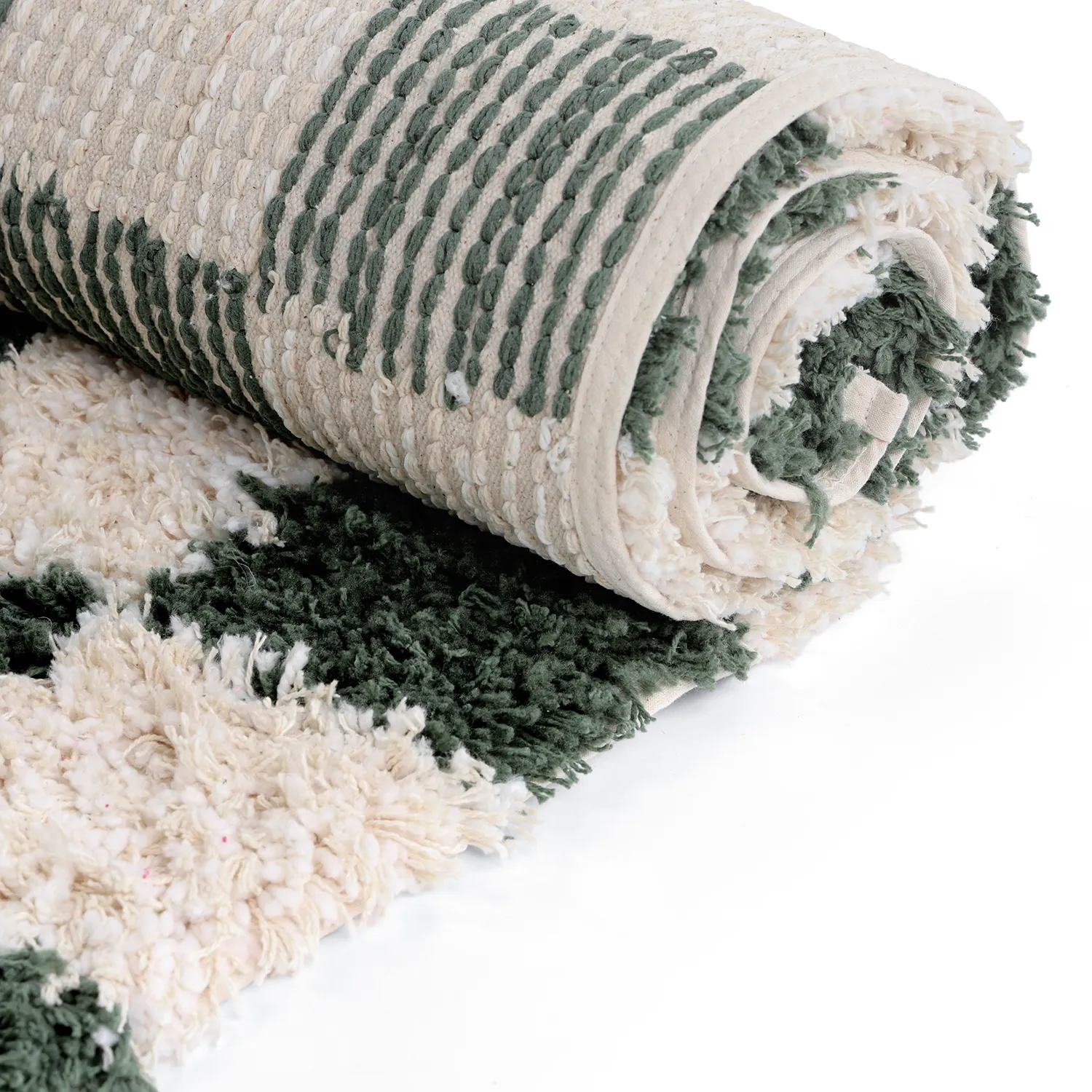 Tapis shaggy - Methoni Check Cotton Shaggy (crème/vert)