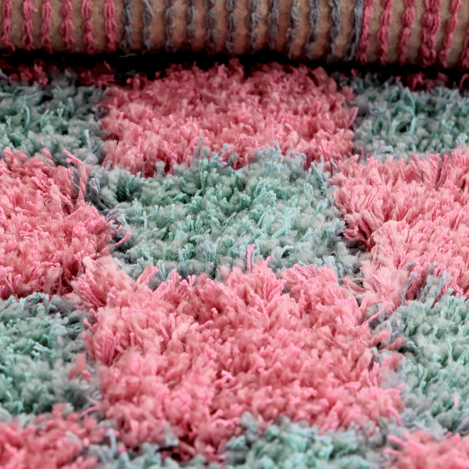 Hochflorteppiche - Methoni Check Cotton Shaggy (hellblau/hellrosa)