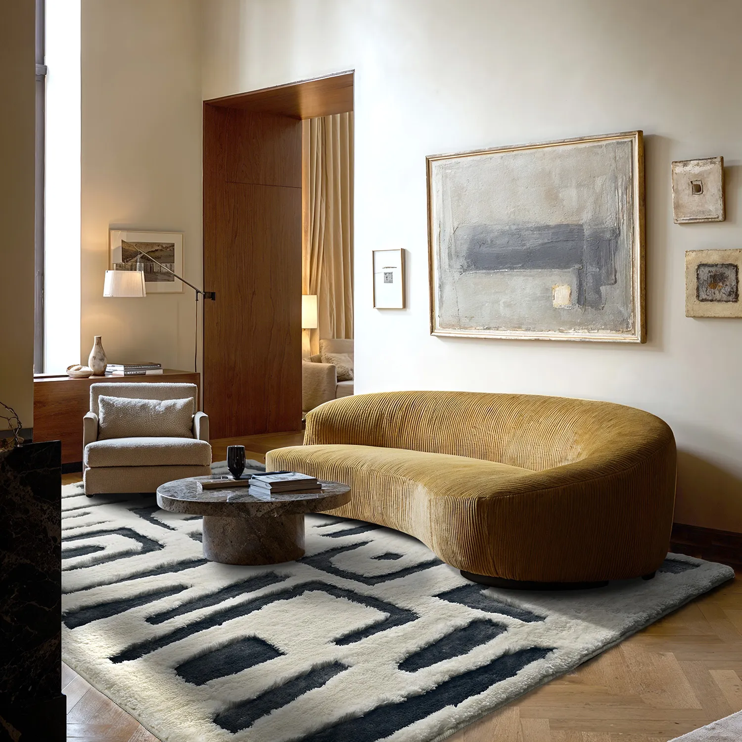 Hochflorteppiche - Palmyra (weiß/marineblau)